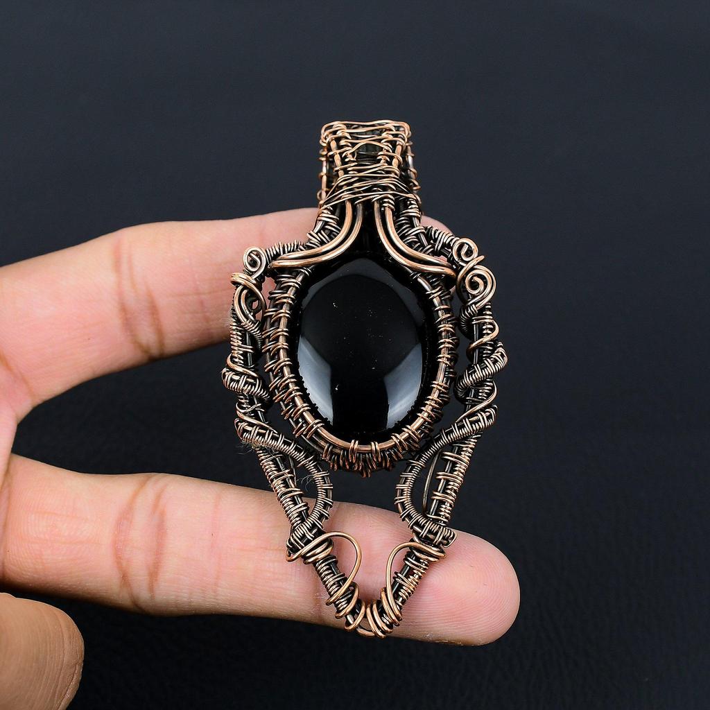 Black Onyx Gemstone Handmade Copper Wire Wrap Jewelry Pendant For Women