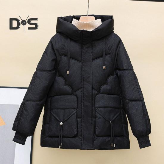 Winter Down Coat Thickened Padded Hooded Pockets Zipper Closure with Drawstring And Pockets Windproof Heat Retention Daily Cold Weather Outwear