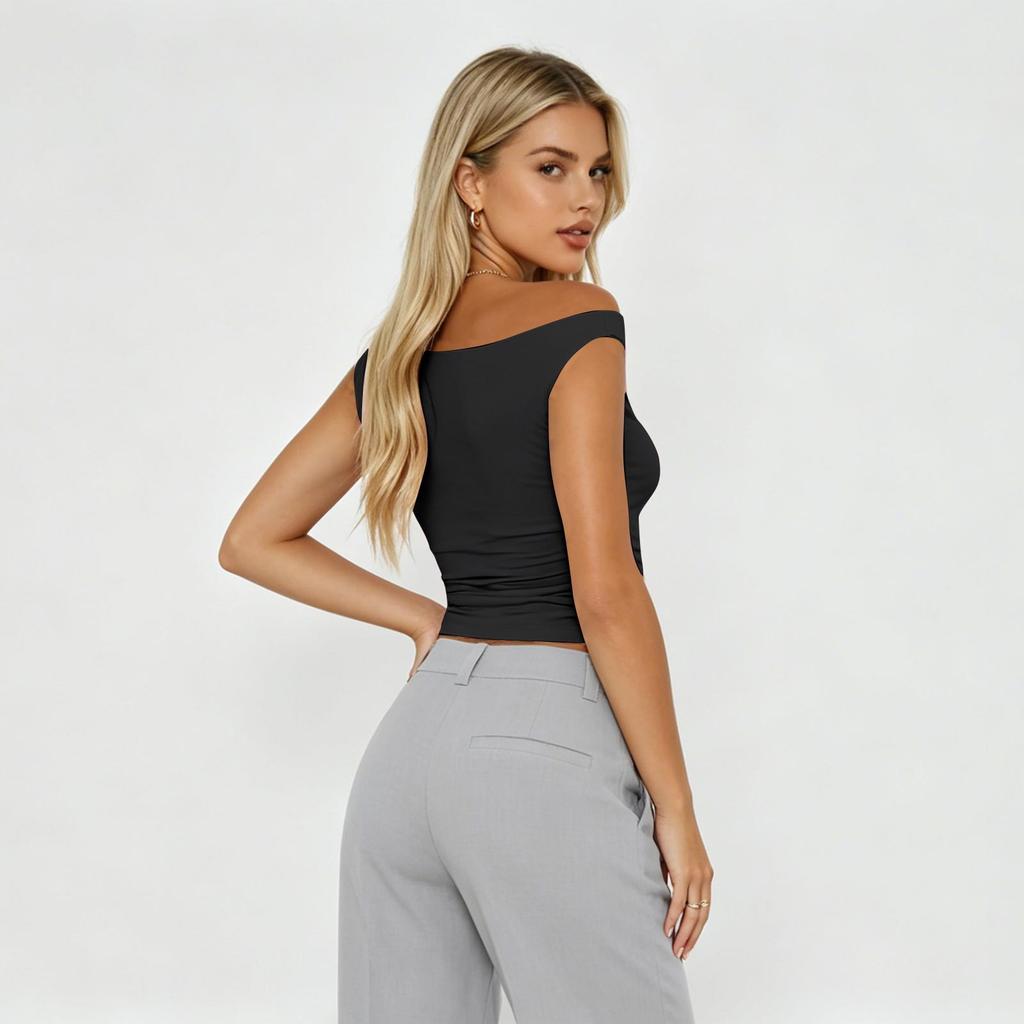 Women’s Off Shoulder Fitted Y2K Streetwear Short Sleeve Crop Top Casual Ruched Design Slim Fit Tee for Daily Wear