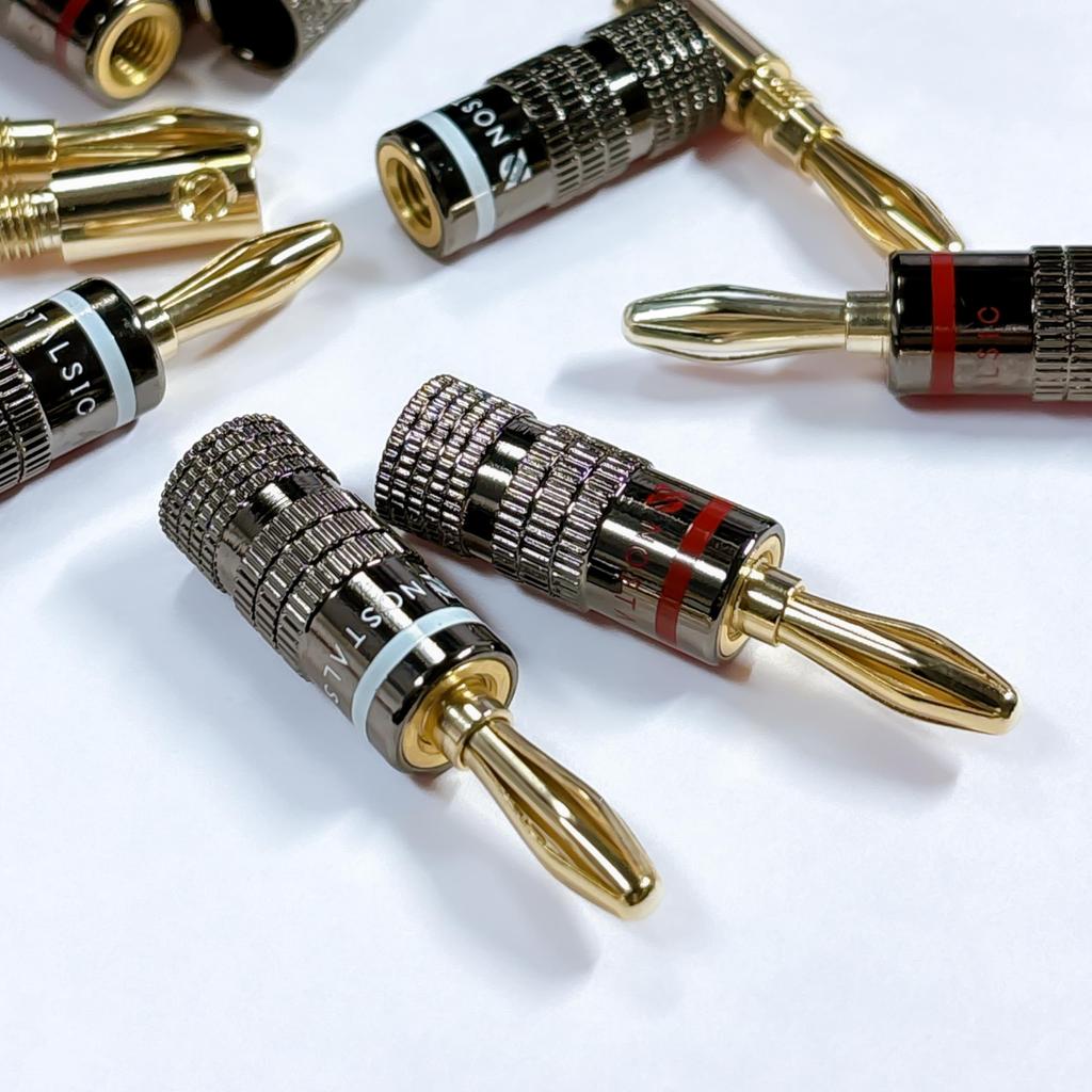 Mufe Banană NOSTALSIC Set Roșu Alb Fără Lipire Placate cu Aur 24k Instalare Ușoară Fixare cu Șurub Dublu Compatibile cu 12AWG până la 18AWG Pentru Audio