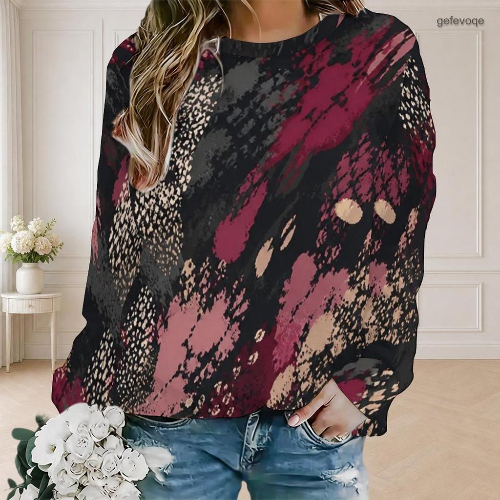 Women Plus Size Round Neck Long Sleeve Multicolor Printed Pullover Sweatshirt