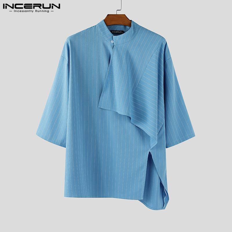 INCERUN Men Stand Neck Half Sleeve Irregular Front Cross Striped Casual Shirts Tops