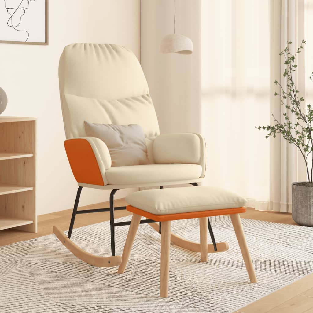 Rocking Chair with Footstool Cream White Fabric
