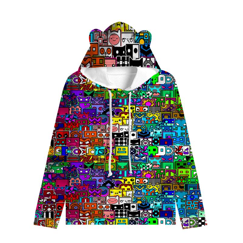 Dětská mikina Angry Geometry Dash pro chlapce Dívčí mikina Harajuku Streetwear Hip Hop Kawaii Cat Ear Pullover s kapucí