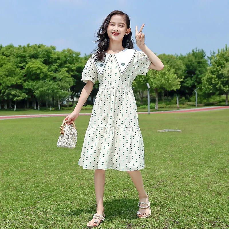 Girls' Western-Style Summer Floral Princess Dress with Puff Sleeves for Kids