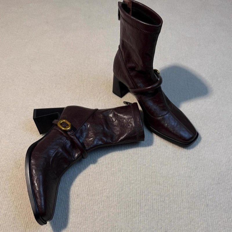 French Retro Two-tone Short Boots for Women 2025 Autumn New Square Toe Rear Zipper Design Thick Heel Short Boots 35-40 Sizes