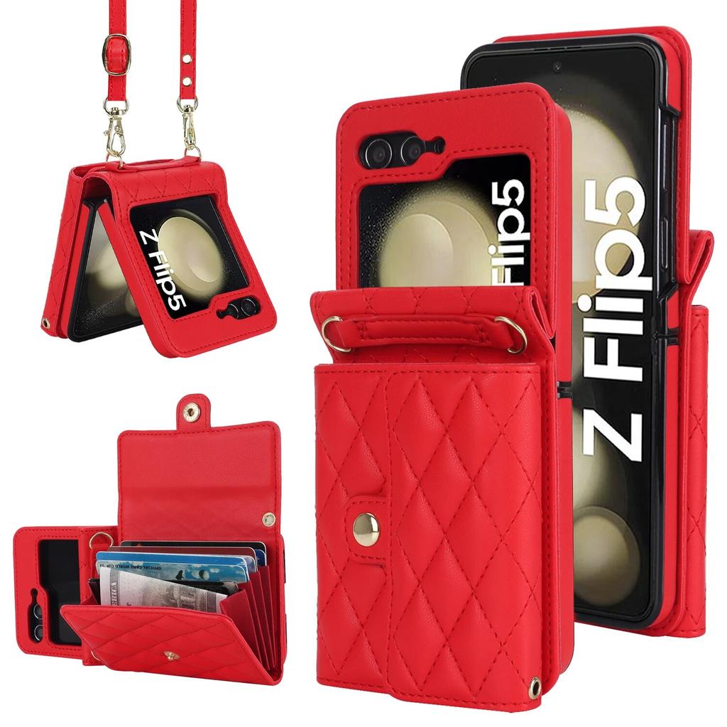 Fashion Leather Phone Case for Samsung Galaxy Z Flip 5 4 3 5G with Long Lanyard Wallet Card Slot Silicone Protect Cover