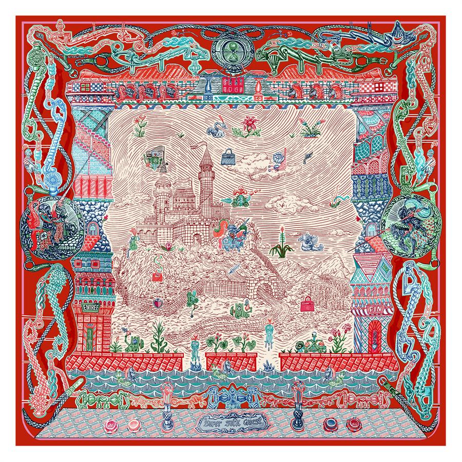 POBING Silk Scarf Women Castle Print Square Scarves Head Echarpes Silk Foulards Femme Wraps Beach Shawl Bandana Lady Hijabs 90CM