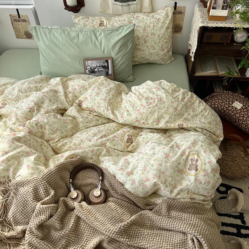 Cartoon Pattern Printed Super Soft Bedding Sets Washed Cotton Cozy Breathable Bedsheet with Pillowcase Adult Child Comfort Set