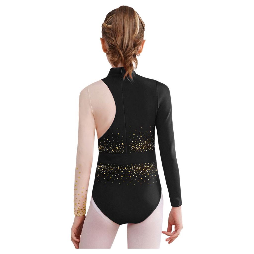 Flickor Gymnastik Dansuppvisning Dräkt Mock Turtleneck Långärmad Glittriga Strass Färgblock Bodysuit