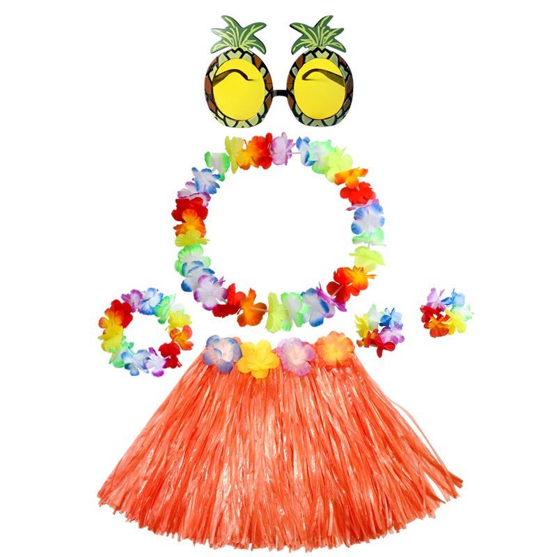 Hawaiian Tropical Party Combo 30CM Grass Skirt 4 Leis 6 Pineapple Glasses Decor