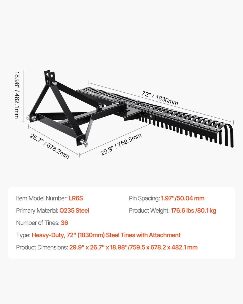 Tow Behind Dethatcher, 183 cm Tow Dethatcher with 36 Steel Tines, 3-Point Lawn Dethatchers Rake with Attachments for Tractor, Landscape Rake for
