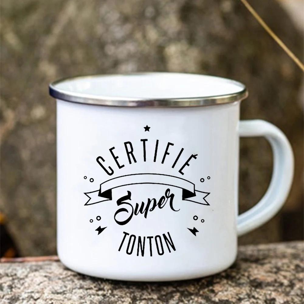 Super Tonton Papy Printed Funny Enamel Creative Coffee Cups Camping Mugs Handle Drinkware Vacation Mug Father's Day Best Gifts