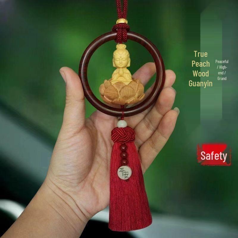 Peach Wood Lotus Guanyin Car Pendant: Zodiac Blessing Ornament