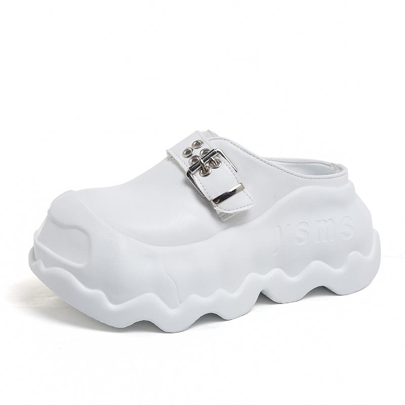 Fashion Slippers Women 2025 New Autumn Winter 8cm Thick-soled Half Slippers Leather Female Wear Fashion Closed Toe Women Slippers