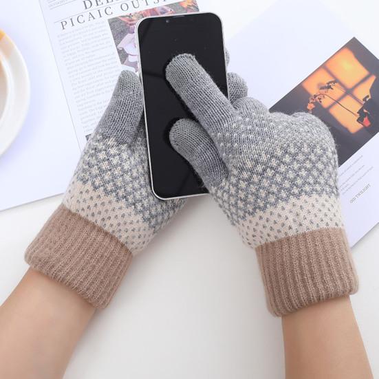 1 Pair Thickened Warm Full Fingers Touch Screen Ribbed Cuffs Women Gloves Winter Striped Splicing Double Layer Fleece Lining Knitting Gloves for Cold