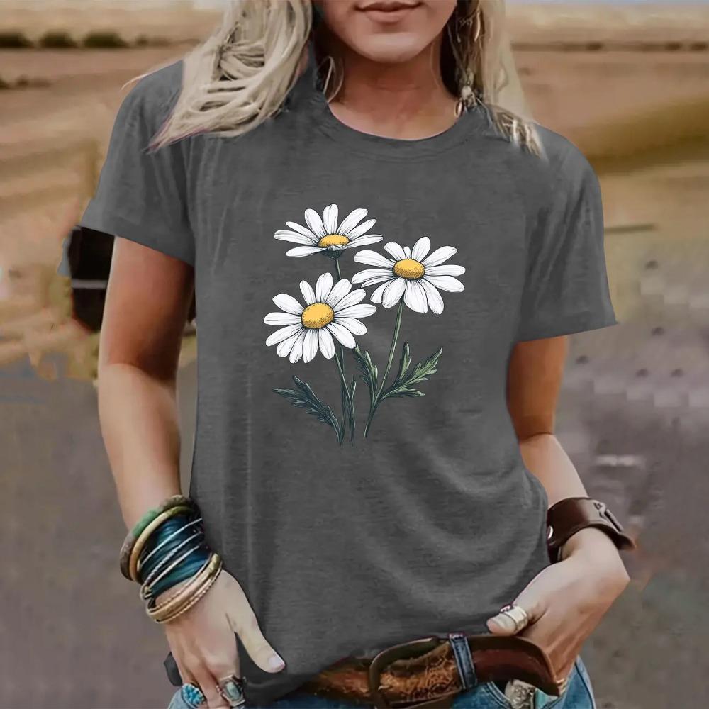 Ny Sommar 3D-tryckt Dam T-shirt Utomhus Rund Hals Kort Ärm Blommönster Tryck Kvinnlig Streetwear Mode Kläder