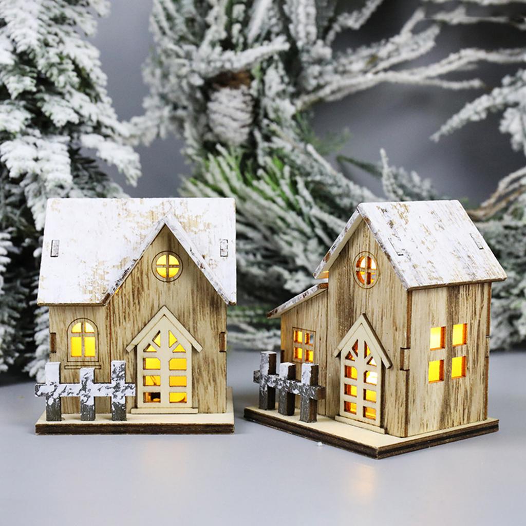 Illuminated Christmas Ornament Wood House Figurine Ornament Desktop Decorations for Holiday Decorations or Gift