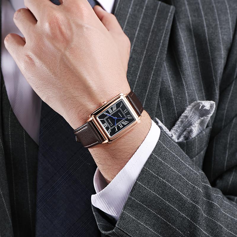 Men s Retro Square Quartz Watch, Roman Numeral Leather Strap Wristwatch for Business Casual