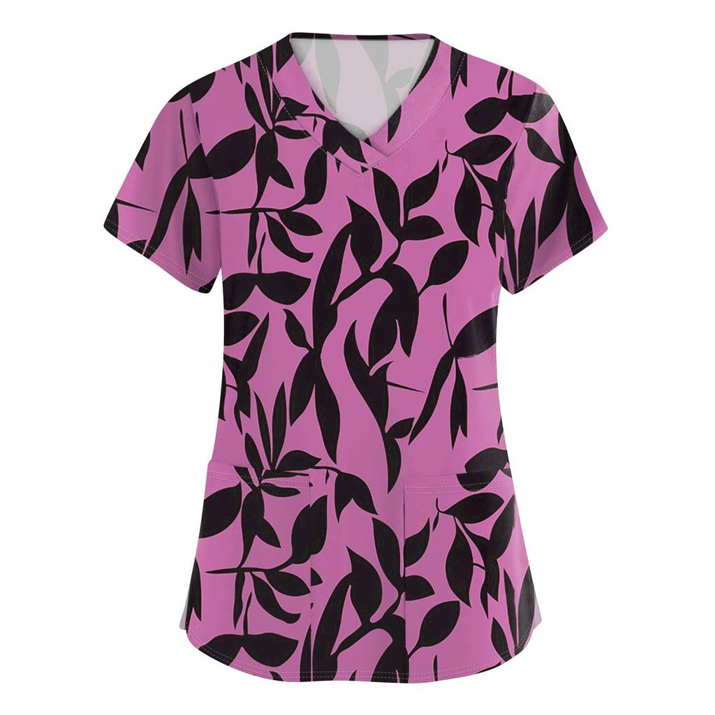Women's Fashion Printed  Short Sleeve Care Workwear With Double Pockets Top