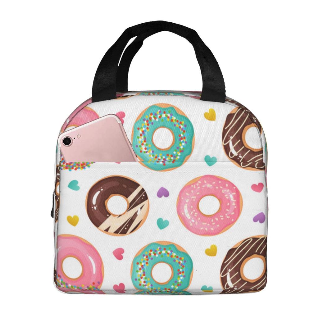 Colorful Donut Print Lunch Bag Waterproof Insulated Canvas Cooler Bag Thermal Cold Food Picnic Travel Tote for Women Children