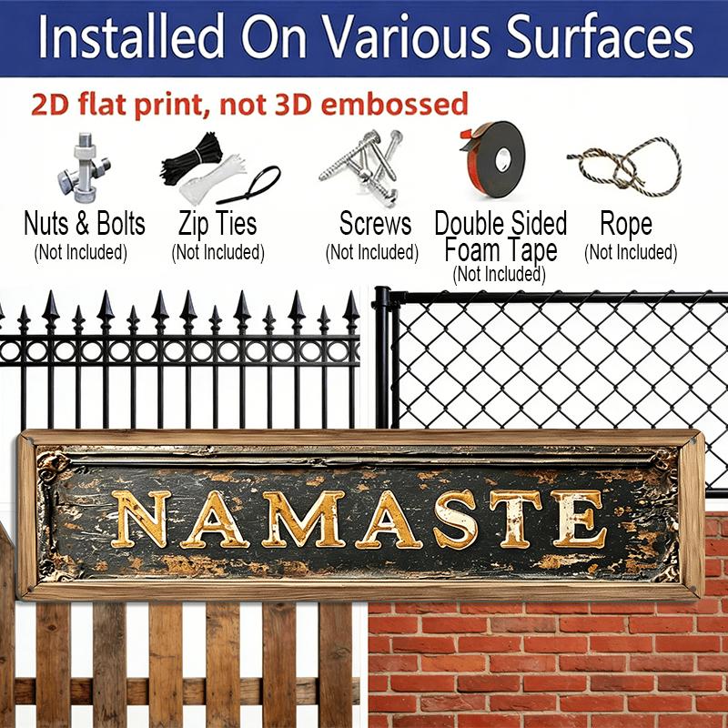 2D Flat, 1pc Indian Greetings "Namaste" Aluminium Decorative Sign - 15.7×3.94inch, Rustic Golden Lettering On Weathered Aluminium, Perfect for Home