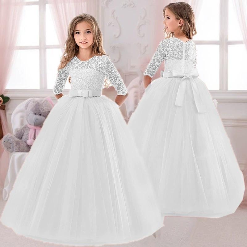 Girls bow puffy skirt flower girl wedding dress children's skirt girldress princess seven-quarter sleeve dress