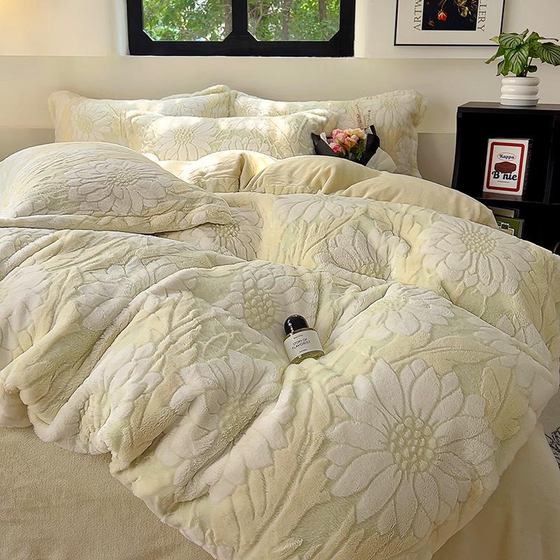 3D Three-Dimensional Thickened Rabbit Hair Carved Fleece Milk Fleece Four-Piece Single Quilt Cover