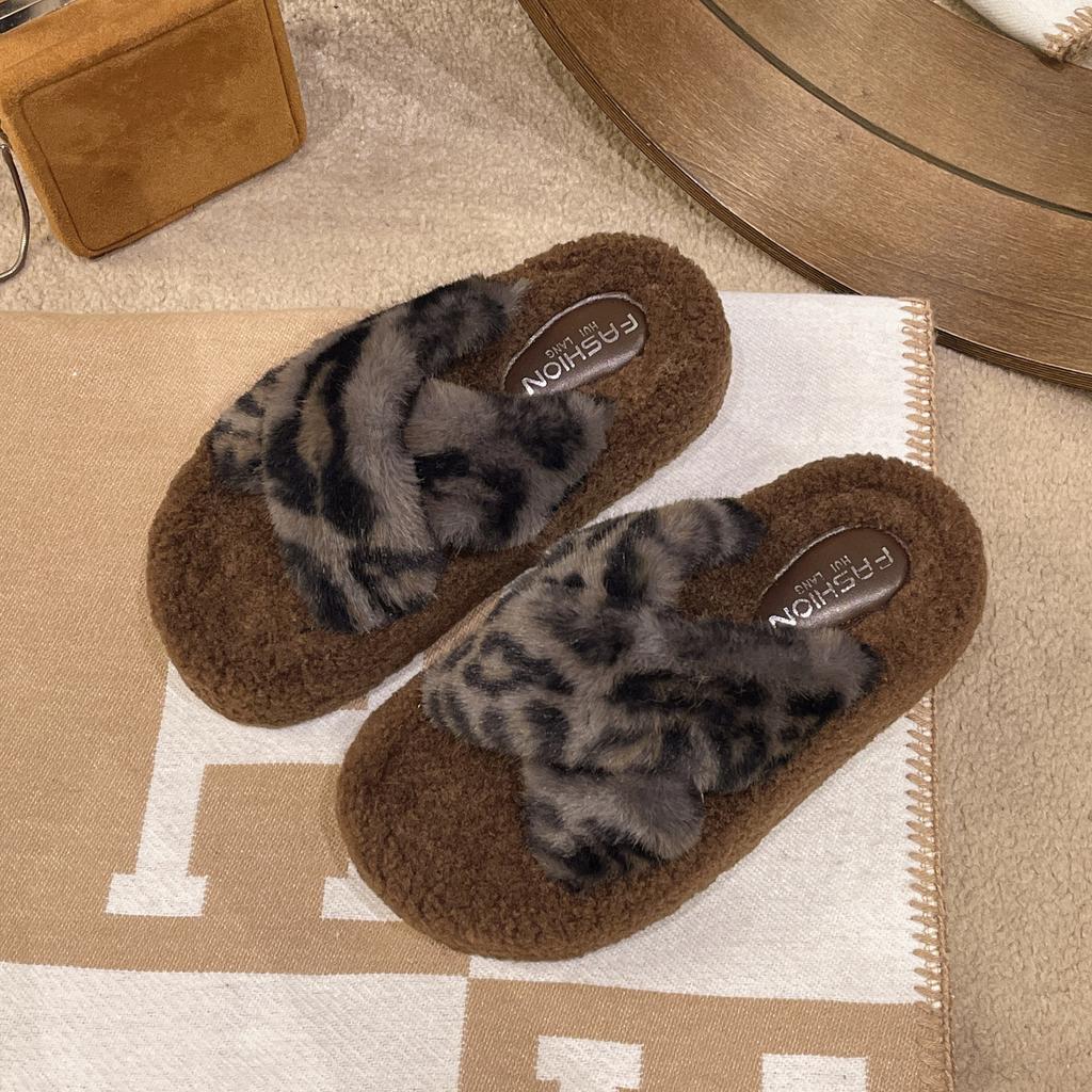 2026 Thick Soled Cross Hairy Slippers for Autumn and Winter Outerwear Casual Cotton Boots Hairy Shoes for Women
