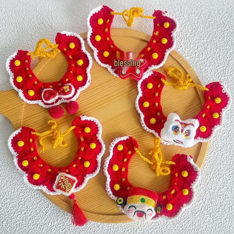 New Year Red Knitted Scarf for Cats and Dogs - Warm Wool Bib for Spring Festival