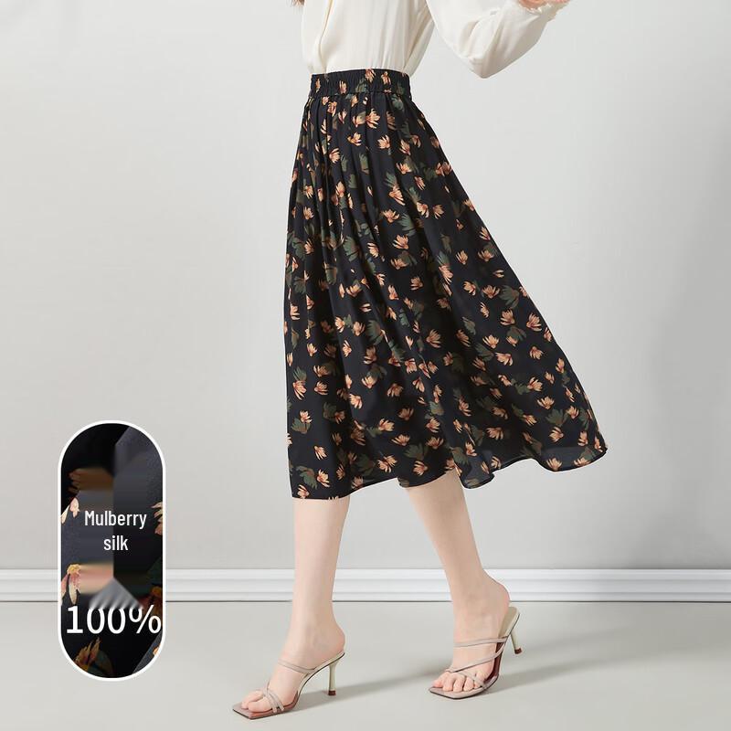 Snowforte 100% Silk Floral A-Line Midi Skirt M