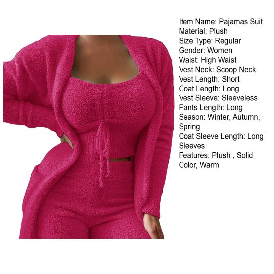 3 Pcs/Set Women Pajamas Set Solid Color Plush Short Tops Low-cut Loungewear