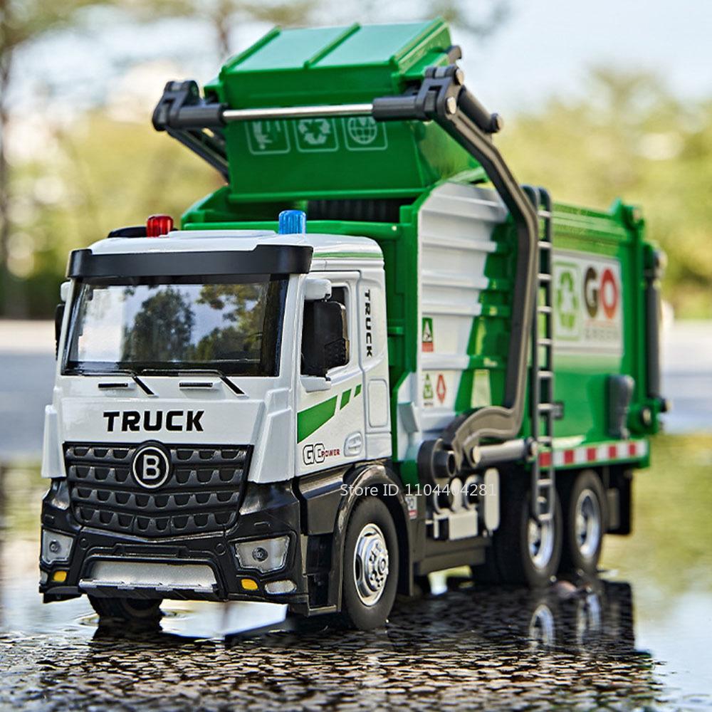 1:18 Electric Sanitation Garbage Truck Toy Cars Model Alloy Water Tanker Diecast Light Sound Vehicle Children's Educational Toys