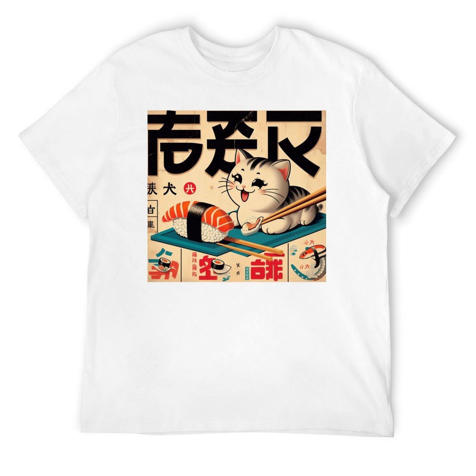 Японский винтажный плакат: Ретро футболка с кошкой-суши 1950-х годов больших размеров, аниме футболки, мужские хлопковые футболки S