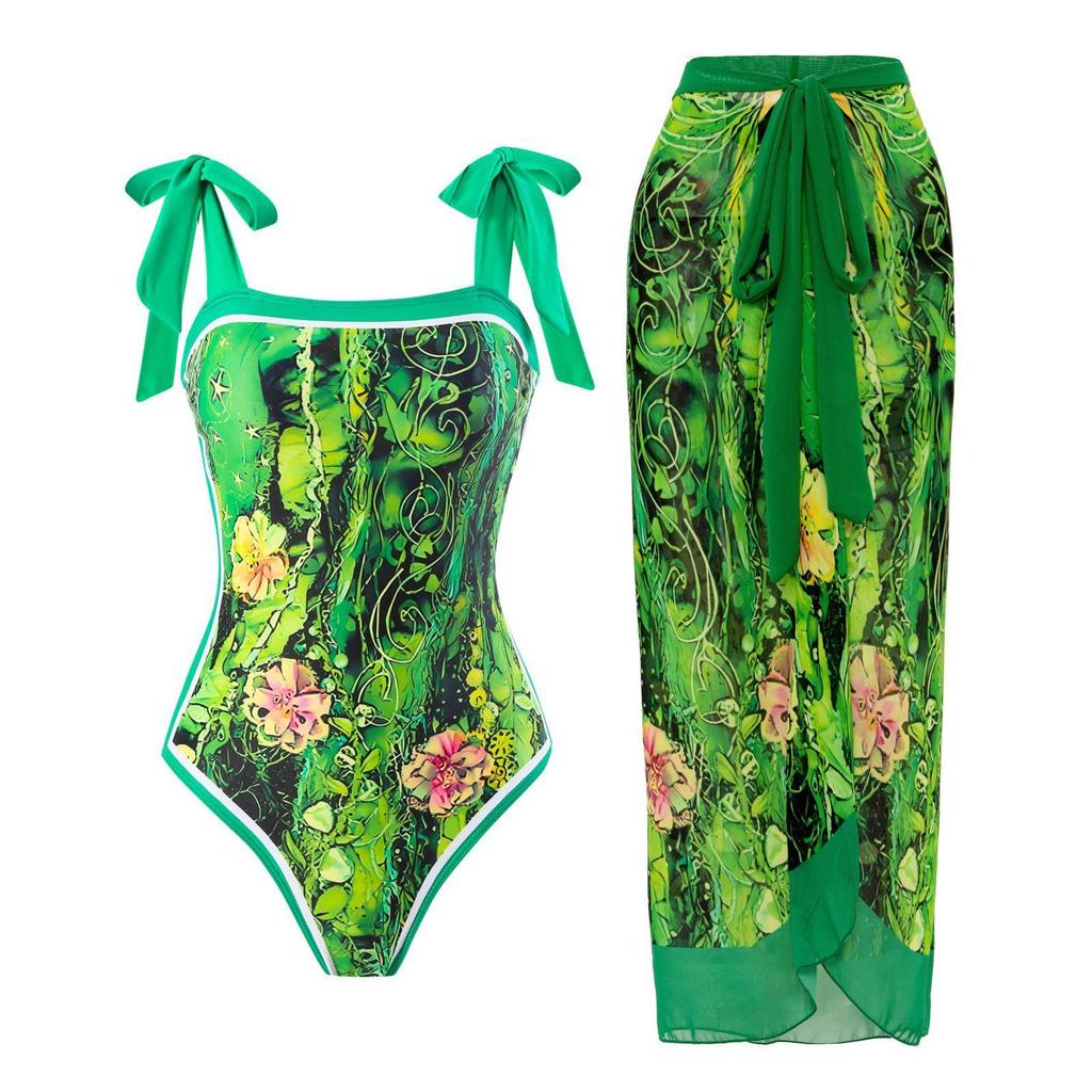 2Pcs/Set Women Printing Monokini with Skirt Sling Bandeau One-Piece Hot Spring Swimsuit with Beach Cover Up