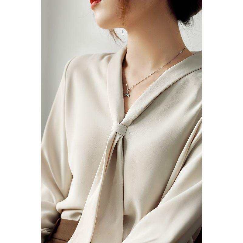 2025 Spring/Autumn Women's Chiffon Blouse: Elegant White Shirt with Flowing Ribbon for Professional and Interview Wear
