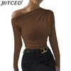 BITCED Spring/Summer Women's Slim-Fit Pleated Asymmetric Long-Sleeved T-Shirt Top