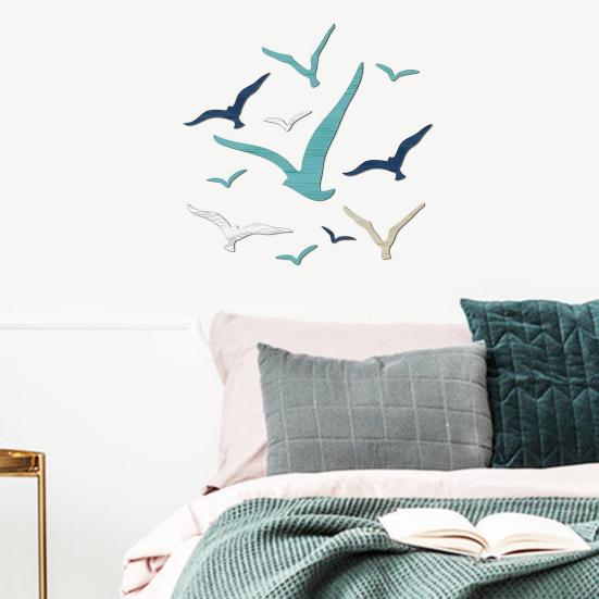 11 Pcs Wood Nautical Seagull Wall Art Handmade Coastal Theme Wall Decor Vintage Flying Sea Bird Wall Sculpture for Home Bathroom Lake House