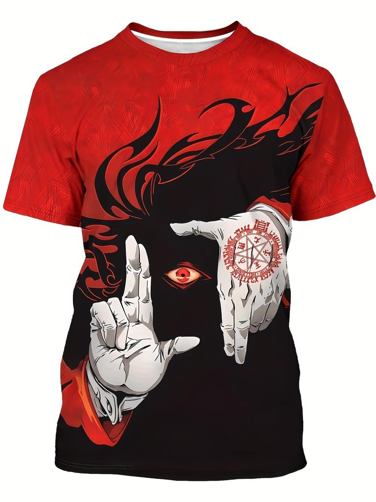 3D Printed Anime-style Red Eye Pattern Casual Sporty Round-neck T-shirt Polyester Fun Printing Short-sleeved T-shirt
