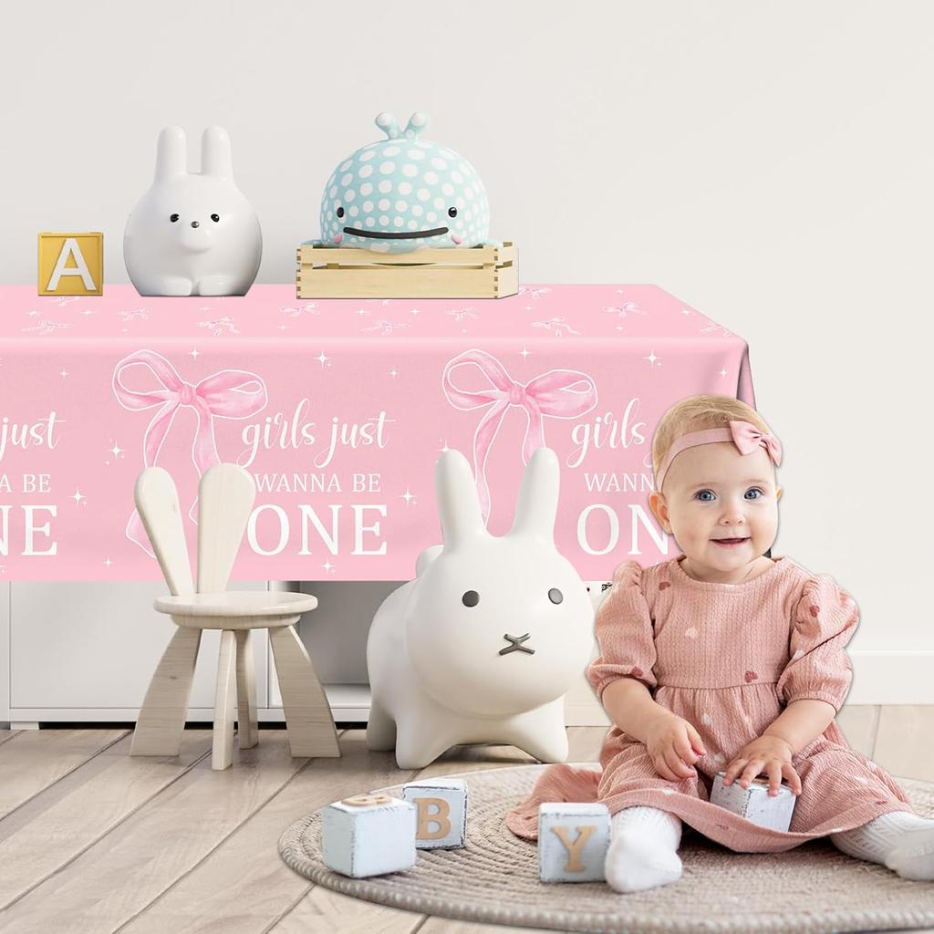 Pink Bow 1st Birthday Party Decorations 2Pcs Coquette Birthday Decorations Tablecloths Girls Just Wanna Be One Table Cloth Bow Theme Disposable