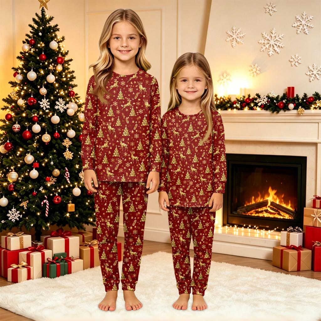 Comfortable Parent-Child Matching Christmas Print Loungewear Set with Long Sleeve Top and Pants