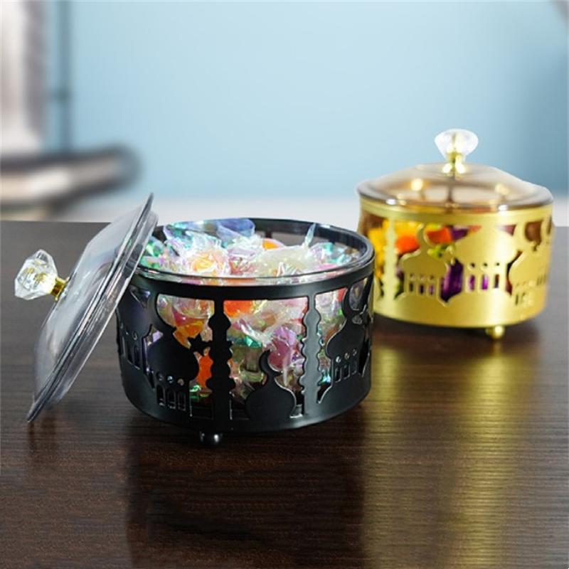 Eid Mubarak Serving Platters with Lid, Metal Ramadan Dessert Tray Food Storage Box Jar Container Table Decoration for Cookies Candy