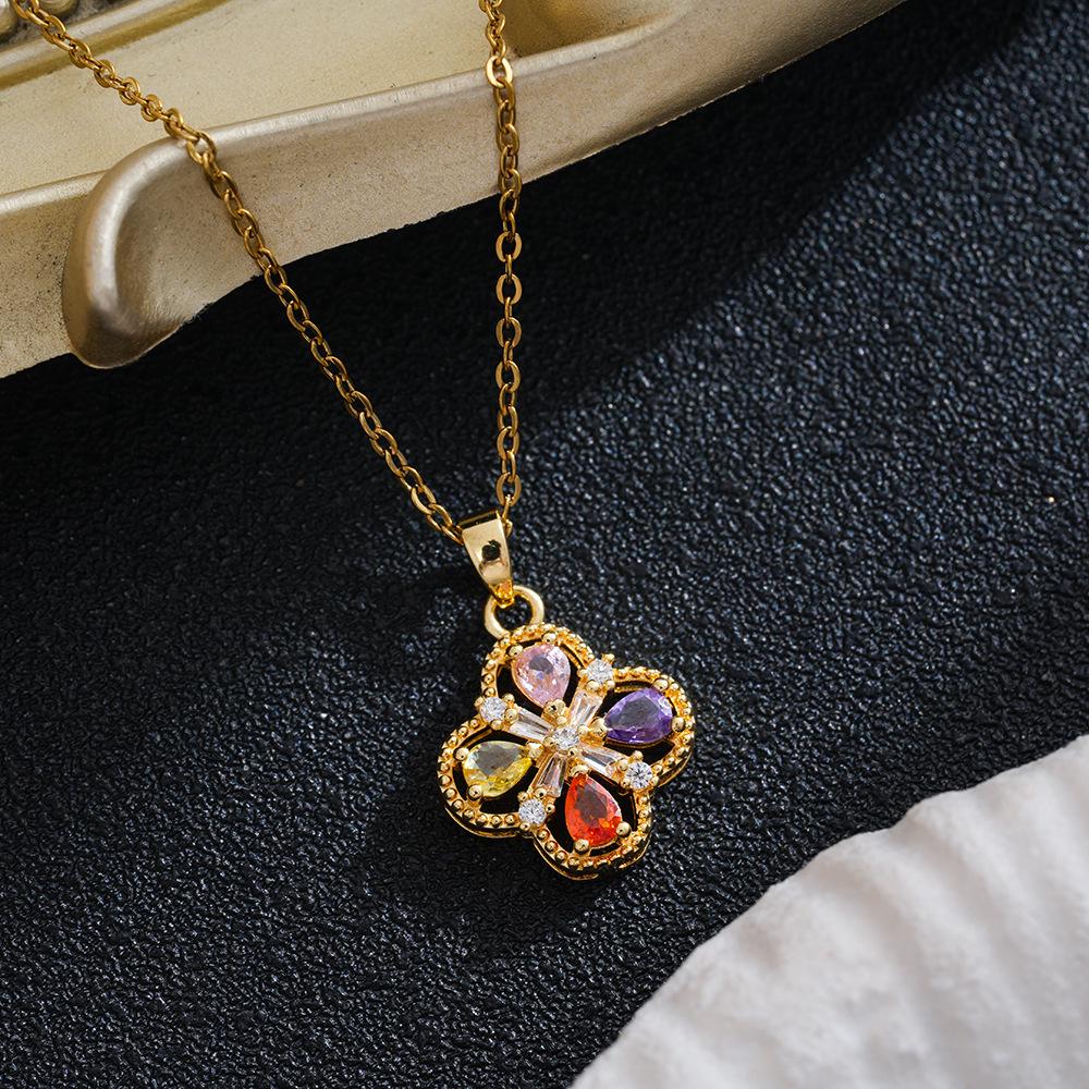 Copper Four-Leaf Clover Necklace with Multicolor Zirconia Petal Pendant and Delicate Chain