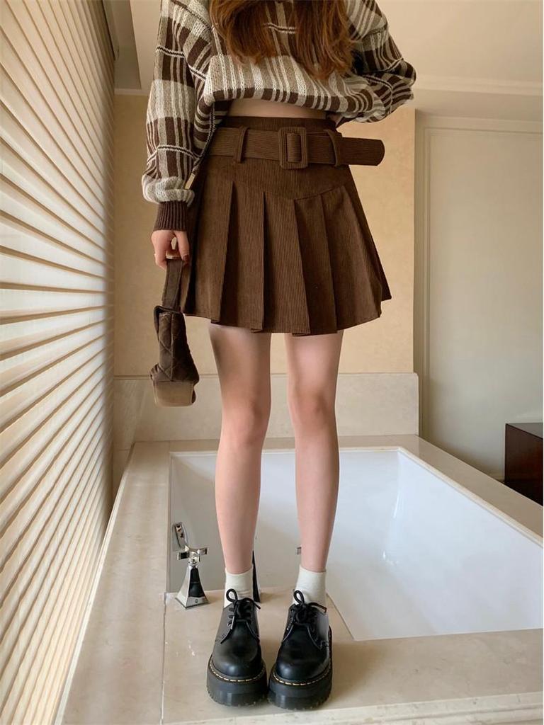 Fat Sister Corduroy Pleated A-Line Skirt for Women - High Waist Slimming Short Skirt for Autumn/Winter