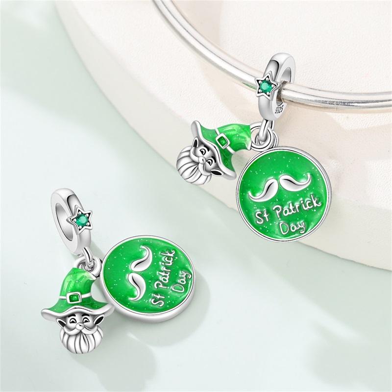 925 Silver St Patricks Day Lucky Charm Green Clover Pendant Bead for Women DIY Jewelry Necklace Bracelet Gift