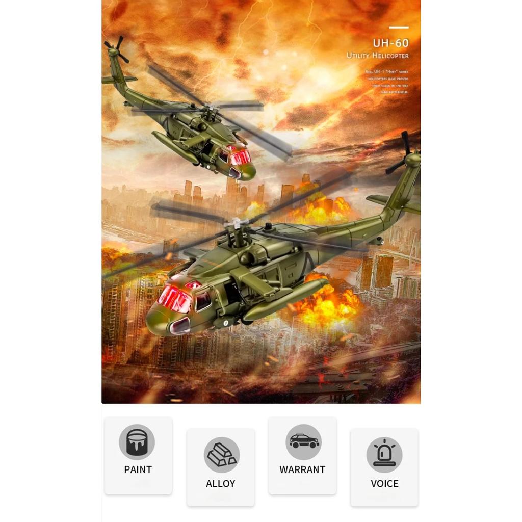 1/64 Model vrtulníku Black Hawk ze slitiny s výstavním stojanem a dárkovým balením Realistické zvukové a světelné efekty Ideální pro vystavení