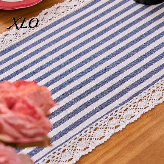 Striped Table Runner Runner, Lace Trim Cotton Linen Long Rustic Farmhouse for Home Dining Decor Decorative