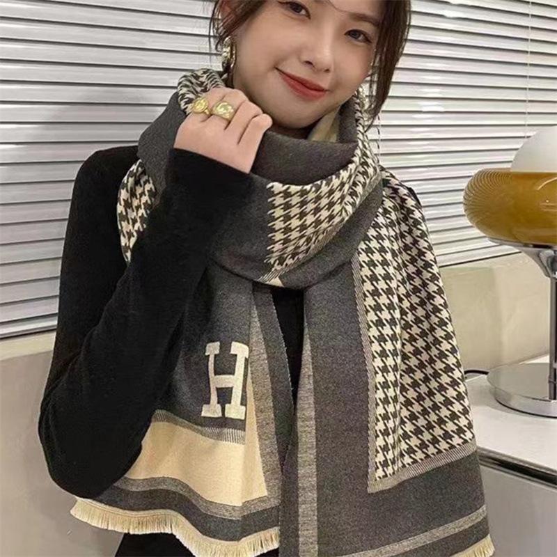 New Chidori Letter Jacquard Scarf Women's Winter Korean Style White Collar Versatile Thickened Scarf Imitation Cashmere Warm Shawl