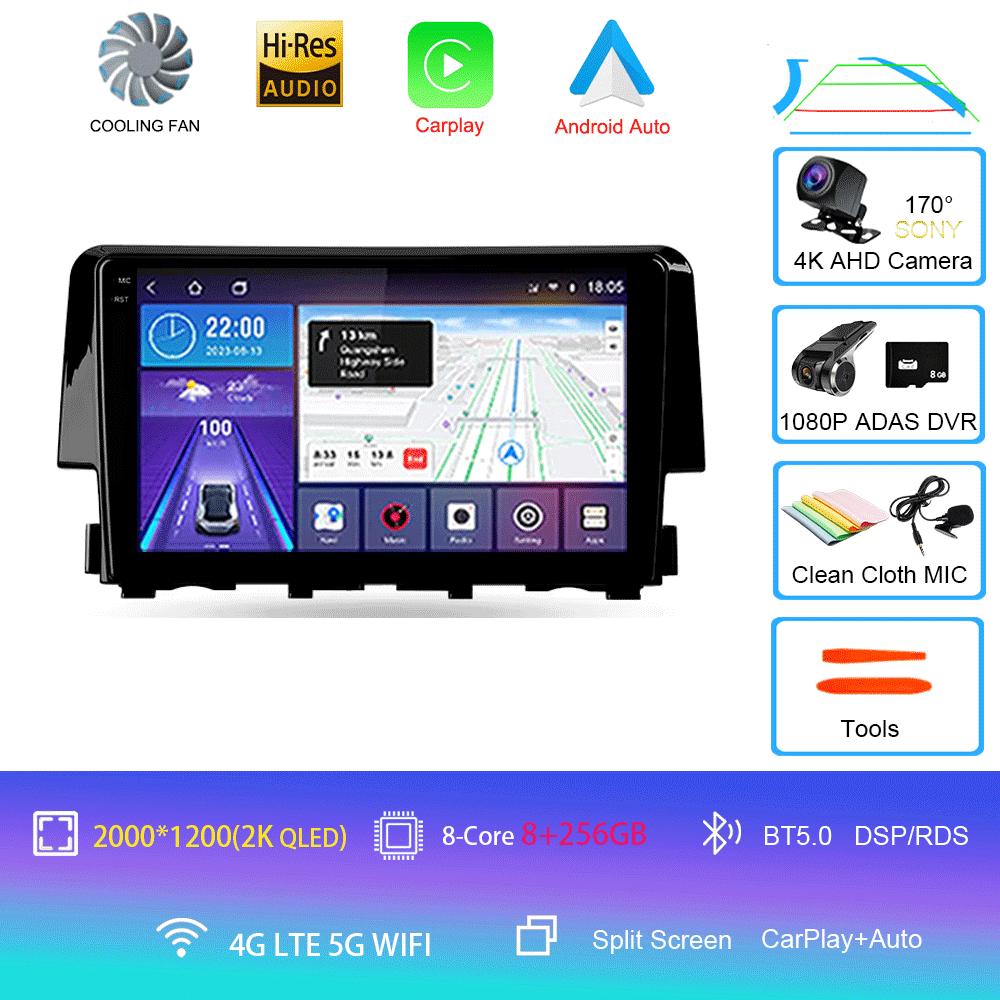 Android 14 Car Radio Carplay Auto For Honda Civic 2016 2017 2018 - 2021 GPS Multimedia WIFI+4G Head Unit BT Player Stereo Video