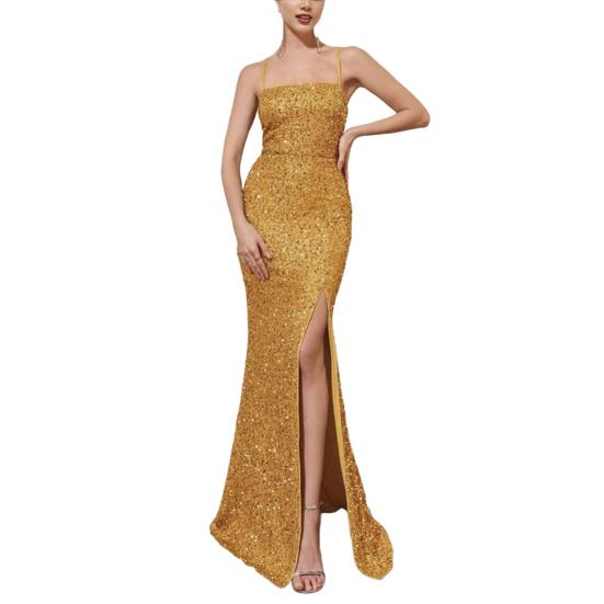 Women's Sparkly Sequin Long Formal Dress Square Neck Backless Split Mermaid Prom Dress Spaghetti Strap Evening Party Gown